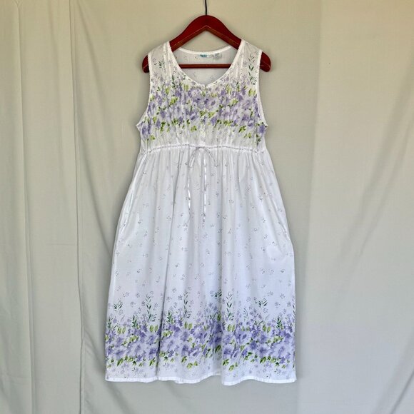 La Cera 100% Cotton White Lavender Primrose Floral Print Sleeveless Night Gown - Picture 1 of 16